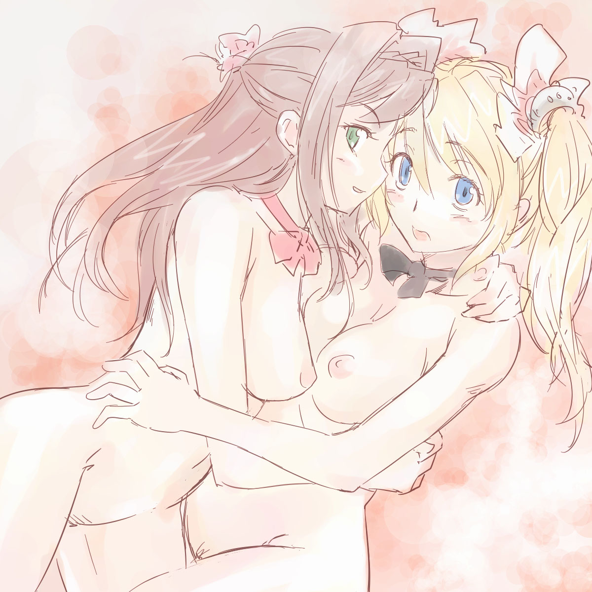 michael f91, original, highres, 2girls, blonde hair, blue eyes, blush, bow, bowtie, breasts, choker, green eyes, hug, imminent kiss, large breasts, long hair, multiple girls, naughty face, nipples, nude, open mouth, red hair, ribbon, ribbon choker, short hair, shy, twintails, yuri