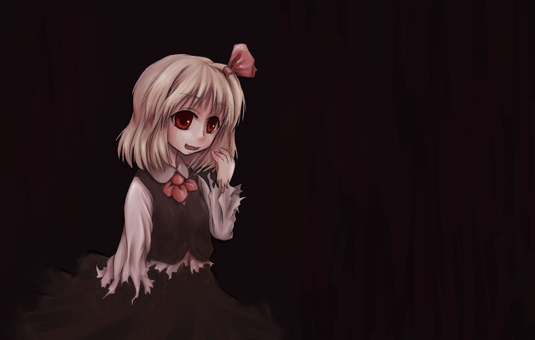 monolith, rumia, embodiment of scarlet devil, touhou, 1girl, blonde hair, dark, female focus, hair ribbon, necktie, red eyes, ribbon, short hair, solo, torn clothes