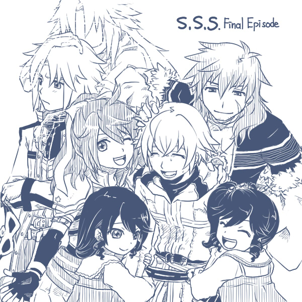 susukinohukurou, airi (ragnarok online), aruna (ragnarok online), lord knight (ragnarok online), sabiku, spica parfait, ragnarok online, commentary request, 3boys, 4girls, :d, armor, closed eyes, closed mouth, coat, drill hair, elbow gloves, facial scar, fingerless gloves, gloves, greyscale, hug, long hair, looking at another, mia (ragnarok online), monochrome, multiple boys, multiple girls, one eye closed, open mouth, pauldrons, rufaku, scar, scar on cheek, scar on face, short hair, shoulder armor, siblings, simple background, sisters, smile, twin drills, twins, upper body