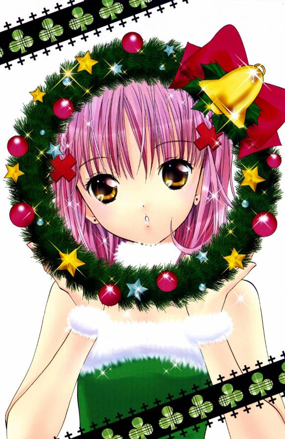 hinamori amu, shugo chara!, official art, scan, 1girl, bell, blush, christmas, christmas wreath, cross hair ornament, dress, earrings, female focus, hair ornament, jewelry, pink hair, ribbon, short hair, solo, star (symbol), stud earrings, wreath