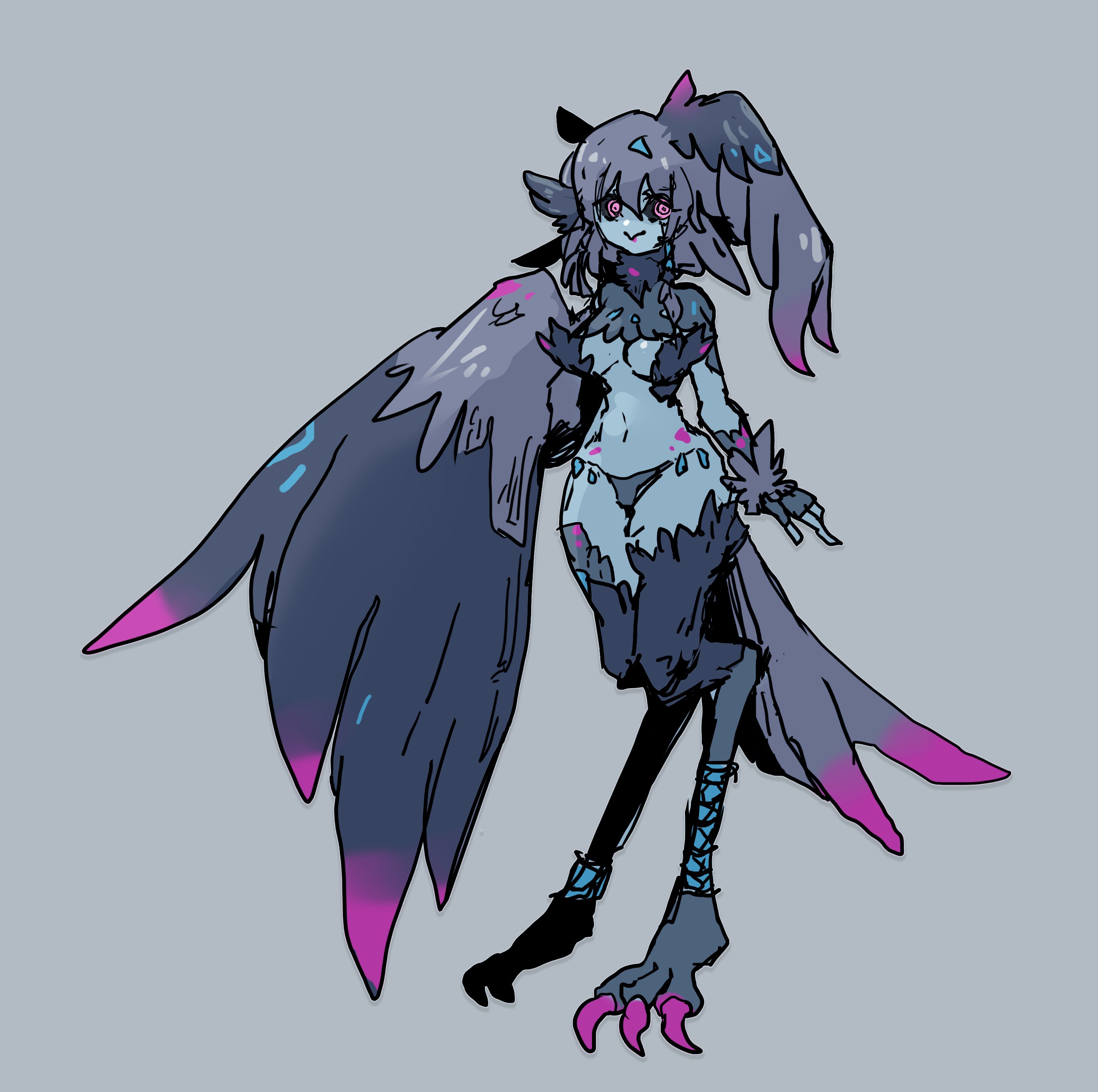 original, absurdres, commentary request, highres, 1girl, bird tail, black feathers, black sclera, blue skin, breasts, colored sclera, colored skin, f f z, feathers, grey background, grey feathers, harpy, head wings, looking at viewer, monster girl, navel, pink eyes, pink feathers, pink talons, simple background, single head wing, single wing, small breasts, solo, tail, talons, winged arms, wings