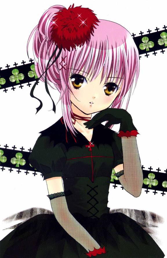 peach-pit, hinamori amu, shugo chara!, scan, blush, dress, fishnets, goth fashion, jewelry, lace, necklace, pink hair, ribbon, solo