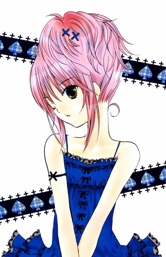 peach-pit, hinamori amu, shugo chara!, official art, scan, 1girl, bare shoulders, blue dress, cross hair ornament, dress, female focus, hair ornament, lace, lace-trimmed dress, lace trim, one eye closed, pink hair, ribbon, solo, v, v arms, wink, yellow eyes