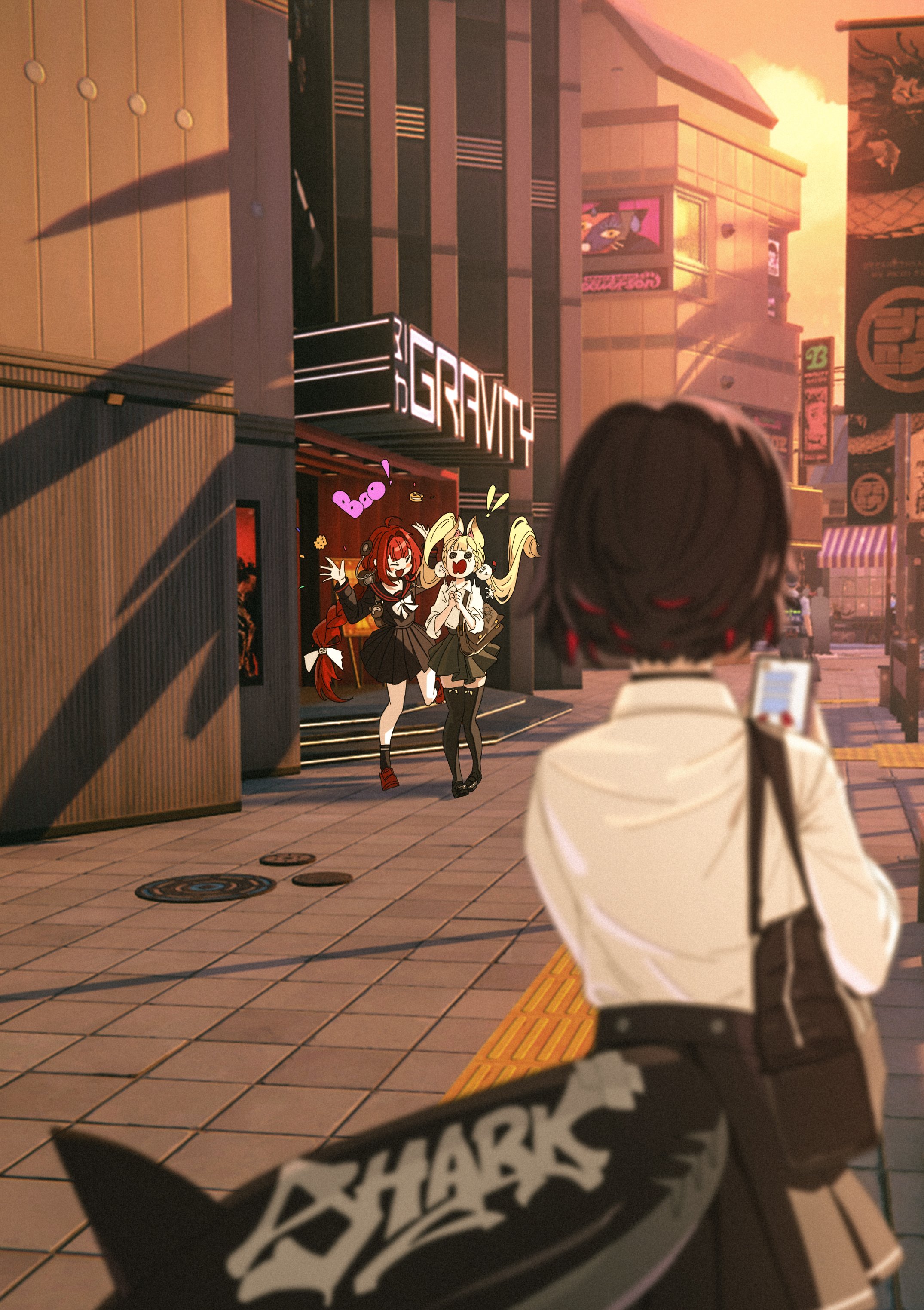 midfinger, alice thymefield, ellen joe, ukinami yuzuha, zenless zone zero, braided twintails, absurdres, highres, !, !!, 3girls, ahoge, animal ears, bag, black hair, black sailor collar, black serafuku, black shirt, black skirt, black socks, black thighhighs, blonde hair, blunt bangs, blush, braid, cellphone, closed eyes, colored inner hair, fins, fish tail, hair ornament, hearing aid, holding, holding phone, loafers, long hair, long sleeves, looking at object, looking at phone, low twin braids, multicolored hair, multiple girls, neckerchief, open mouth, phone, pleated skirt, rabbit girl, red hair, red nails, sailor collar, school uniform, screaming, serafuku, shark girl, shark tail, shirt, shoes, short hair, shoulder bag, skirt, smartphone, smile, socks, sphere hair ornament, surprised, tail, text messaging, thighhighs, twin braids, twintails, two-tone hair, very long hair, white neckerchief, white shirt