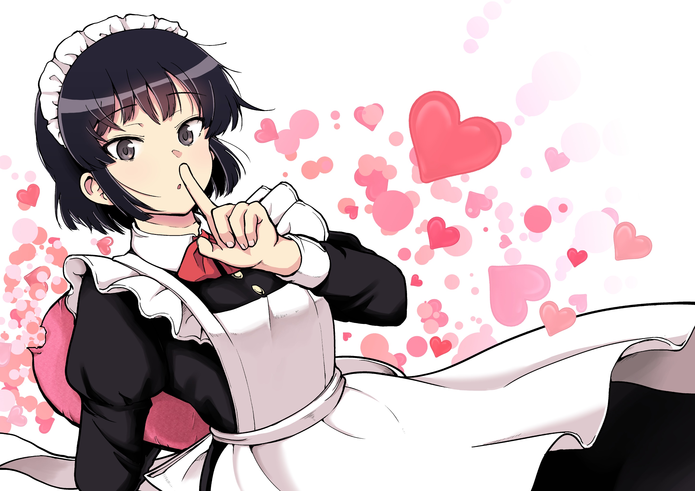 saitou shouki, kujou meika, meika-san wa oshikorosenai, commentary request, highres, second-party source, 1girl, apron, black dress, black eyes, black hair, dress, finger to mouth, heart, index finger raised, looking at viewer, maid, maid apron, maid headdress, neckerchief, parted lips, red neckerchief, short hair, shushing, solo, white apron, white background