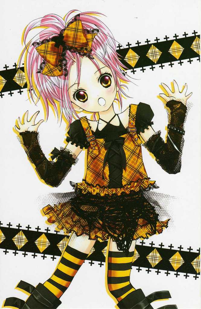 peach-pit, hinamori amu, shugo chara!, scan, elbow gloves, fishnets, gloves, goth fashion, gothic lolita, lolita fashion, pink hair, ribbon, skirt, solo, thighhighs