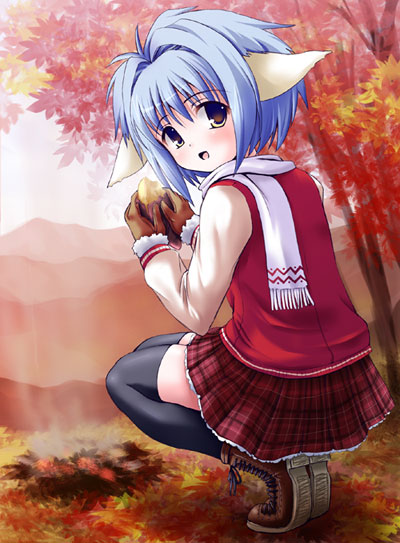 shinshin, mint blancmanche, broccoli (company), galaxy angel, galaxy angel rune, 00s, 1girl, autumn, autumn leaves, black thighhighs, blue hair, boots, campfire, female focus, food, leaf, looking back, mittens, plaid clothes, plaid skirt, roasted sweet potato, scarf, short hair, skirt, solo, squatting, sweet potato, thighhighs, yellow eyes, zettai ryouiki