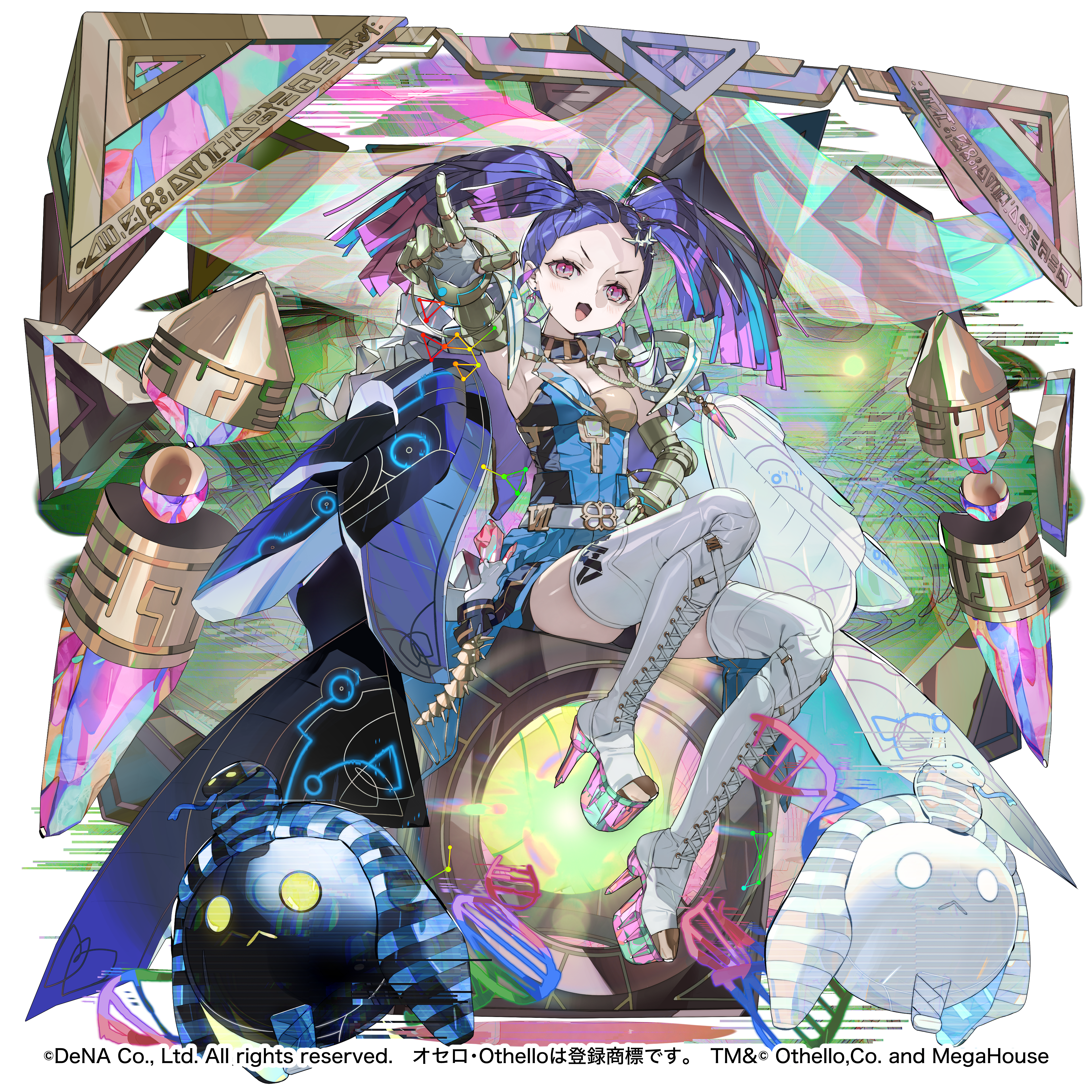 yo4zai, othellonia, absurdres, character request, commentary request, highres, 1girl, :d, belt, blue dress, boots, breasts, dress, full body, hand on own hip, hand up, high heels, looking at viewer, mechanical arms, medium hair, open mouth, platform boots, pointing, pointing at viewer, purple hair, quad tails, red eyes, sitting, small breasts, smile, solo, thigh boots, white belt, white boots