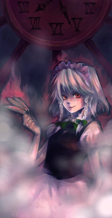 miyamori toko, izayoi sakuya, touhou, silver hair, 1girl, braid, clock, female focus, knife, short hair, solo, throwing knife, twin braids, weapon