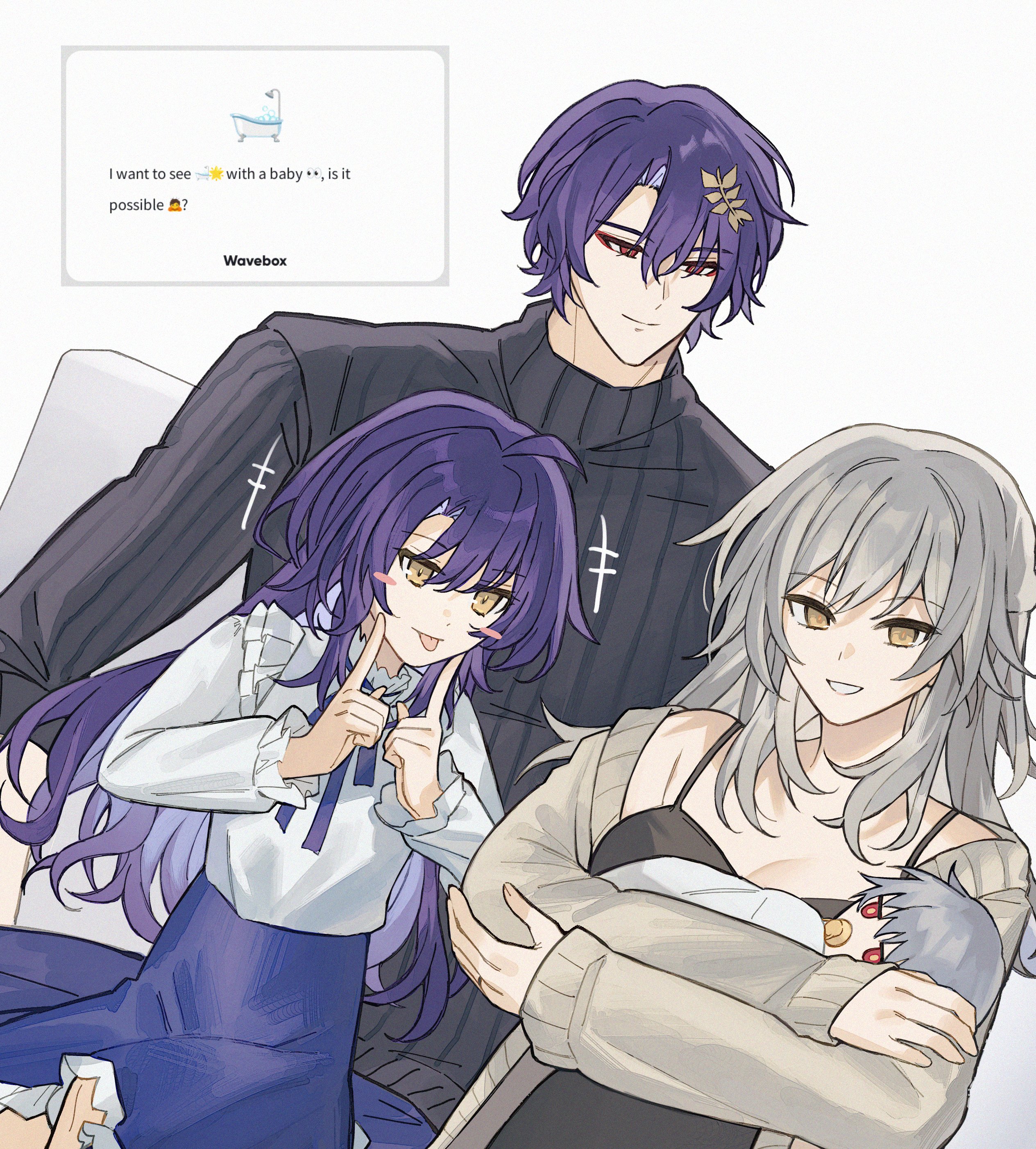 ikasuyosei, dr. ratio (honkai: star rail), stelle (honkai: star rail), trailblazer (honkai: star rail), honkai: star rail, honkai (series), father and child, absurdres, highres, 1boy, 1other, 2girls, :d, :p, baby, black sweater, black tank top, blue ribbon, blue skirt, blush stickers, brown cardigan, cardigan, carrying, carrying baby, carrying person, collared shirt, english text, eyeshadow, family, father and daughter, fingers to cheeks, frilled shirt collar, frilled skirt, frilled sleeves, frills, grey hair, grin, hair ornament, if they mated, long hair, long sleeves, makeup, medium hair, mother and child, mother and daughter, multiple girls, neck ribbon, open cardigan, open clothes, open mouth, pacifier, purple hair, red eyes, red eyeshadow, request inset, ribbon, shirt, shirt tucked in, short hair, skirt, smile, swaddled, sweater, tank top, tongue, tongue out, turtleneck, turtleneck sweater, wavebox, white shirt, yellow eyes, yellow pupils