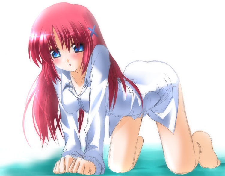 otoki raku, shirakawa kotori, da capo, da capo i, 00s, 1girl, all fours, barefoot, blue eyes, blush, bottomless, female focus, long hair, red hair, shirt, solo, white shirt