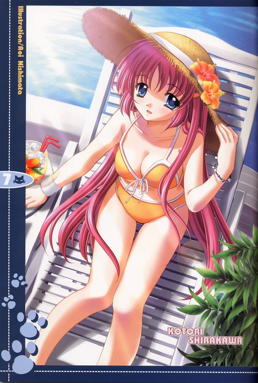nishimata aoi, shirakawa kotori, da capo, da capo i, highres, 00s, 1girl, bikini, blue eyes, breasts, cleavage, female focus, flower, hat, hibiscus, large breasts, long hair, orange bikini, red hair, solo, straw hat, swimsuit, very long hair