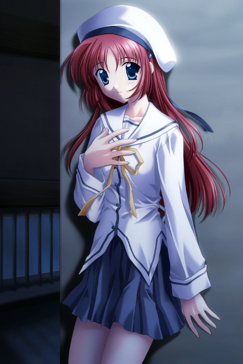 nanao naru, shirakawa kotori, da capo, da capo i, game cg, highres, 00s, 1girl, female focus, hat, red hair, school uniform, serafuku, solo