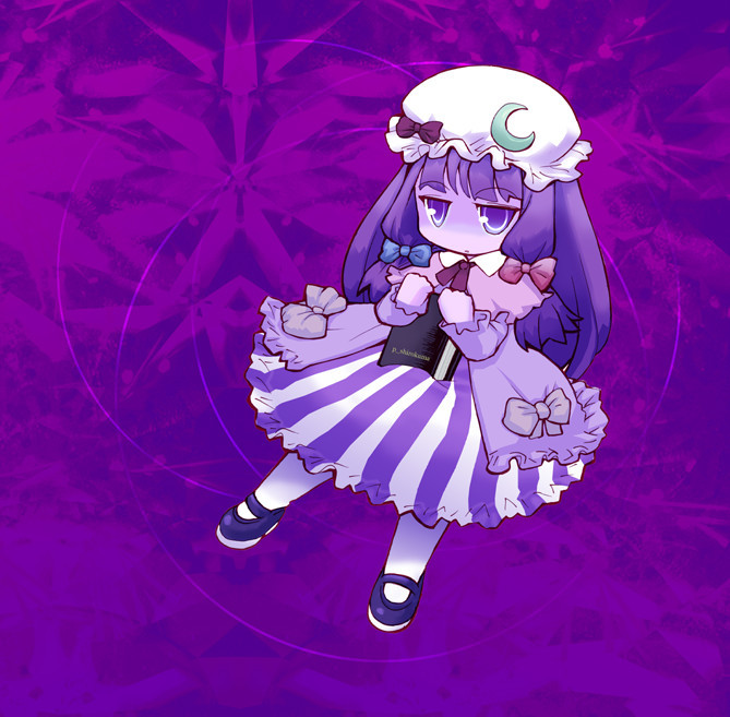 i04, patchouli knowledge, touhou, bad id, bad pixiv id, 1girl, book, female focus, full body, hair ribbon, hat, long hair, purple eyes, purple hair, ribbon, solo