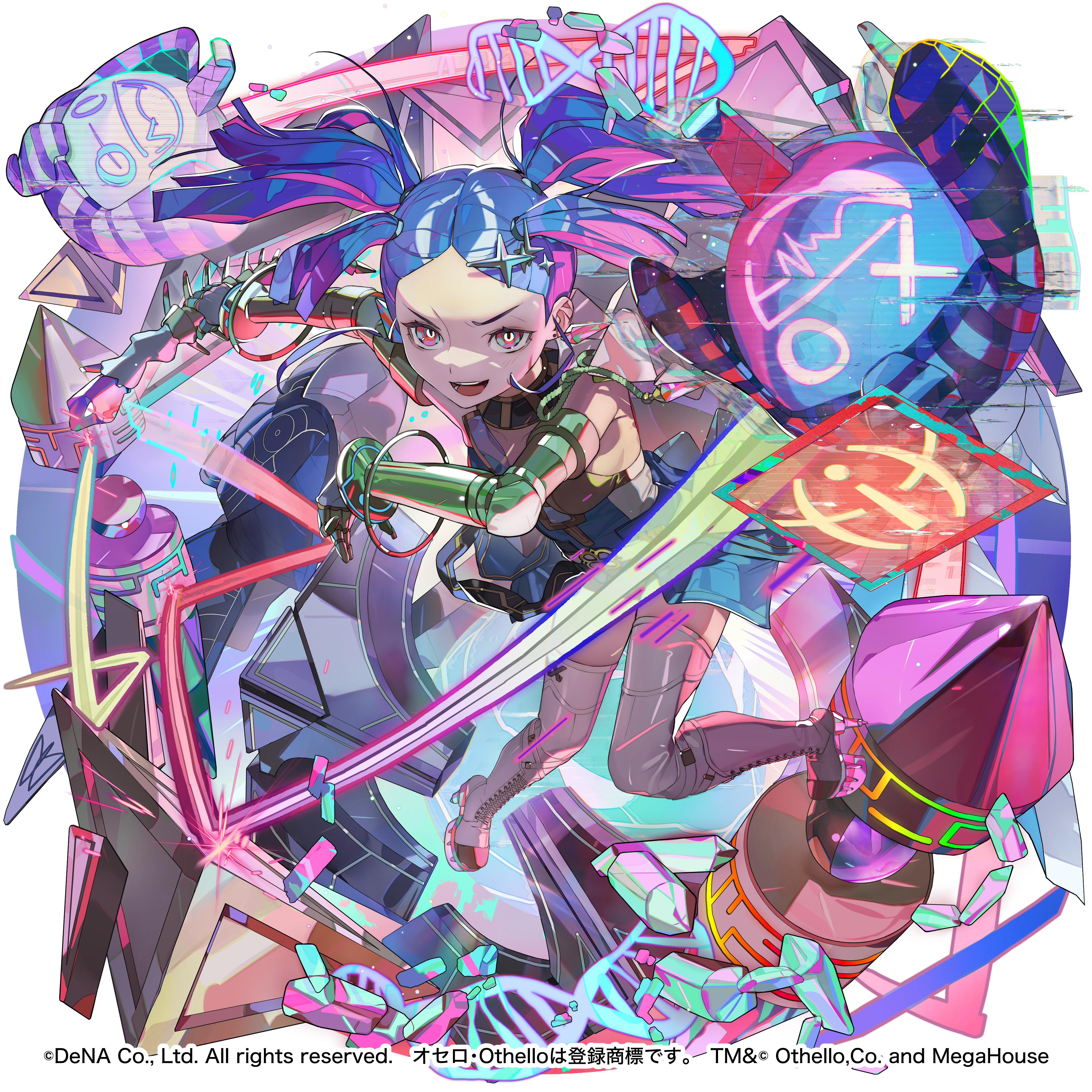 yo4zai, othellonia, absurdres, character request, commentary request, highres, 1girl, :d, bangs pinned back, blue dress, bright pupils, dress, full body, hands up, holding, knees together feet apart, looking at viewer, mechanical arms, open mouth, pink eyes, purple hair, quad tails, short dress, smile, solo, white pupils