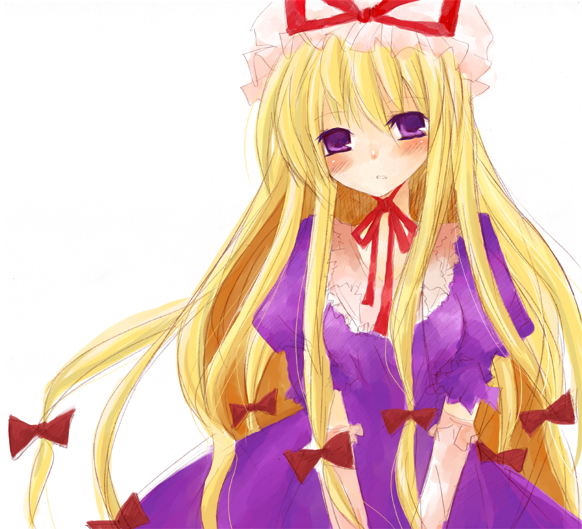yakumo yukari, touhou, 1girl, blonde hair, dress, female focus, hair ribbon, purple eyes, ribbon, solo, white background