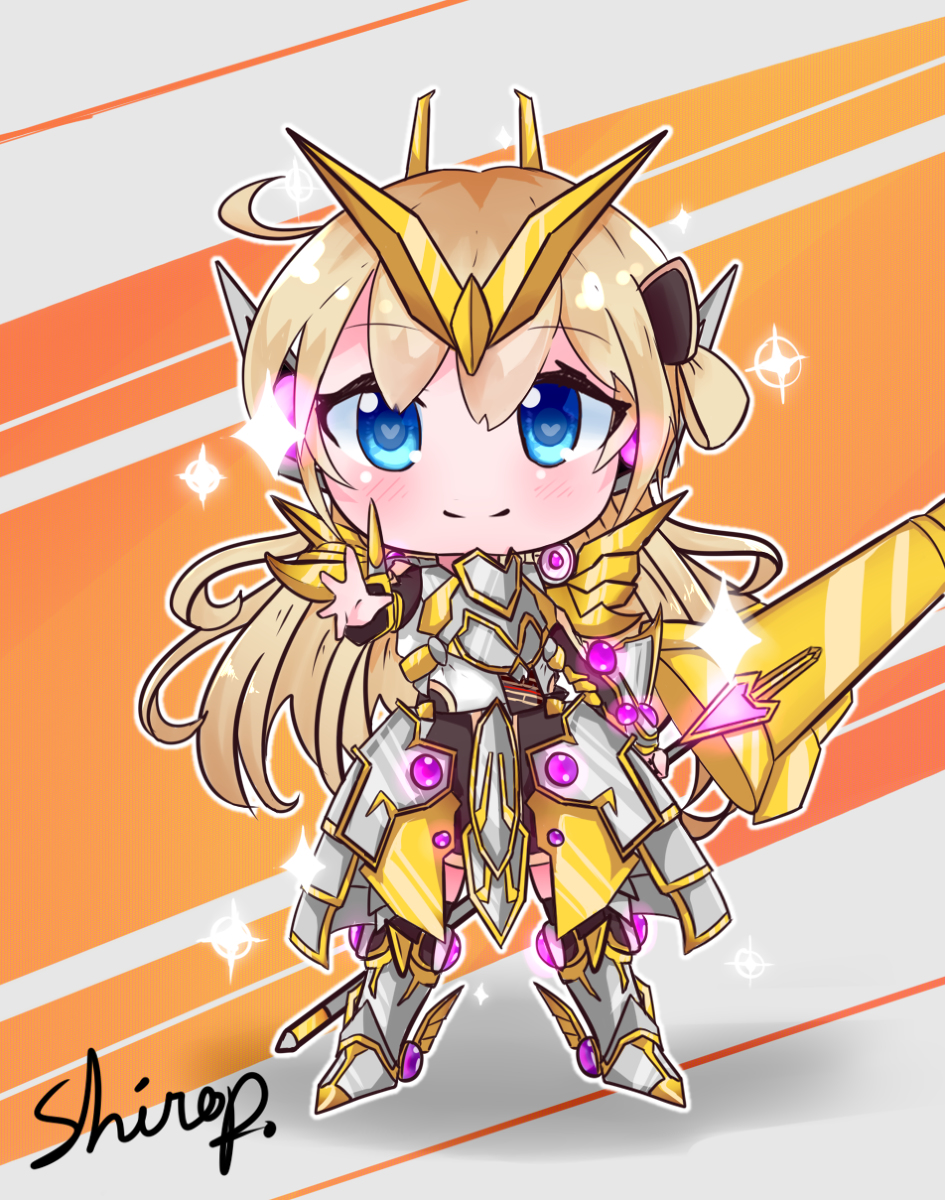 shiro pawn, accesscode talker, sky striker ace – raye, yu-gi-oh!, highres, 1girl, ahoge, armor, blonde hair, blue eyes, blush, chibi, cosplay, duel monster, full body, lance, long hair, looking at viewer, outstretched arm, polearm, shoulder armor, signature, smile, standing, weapon