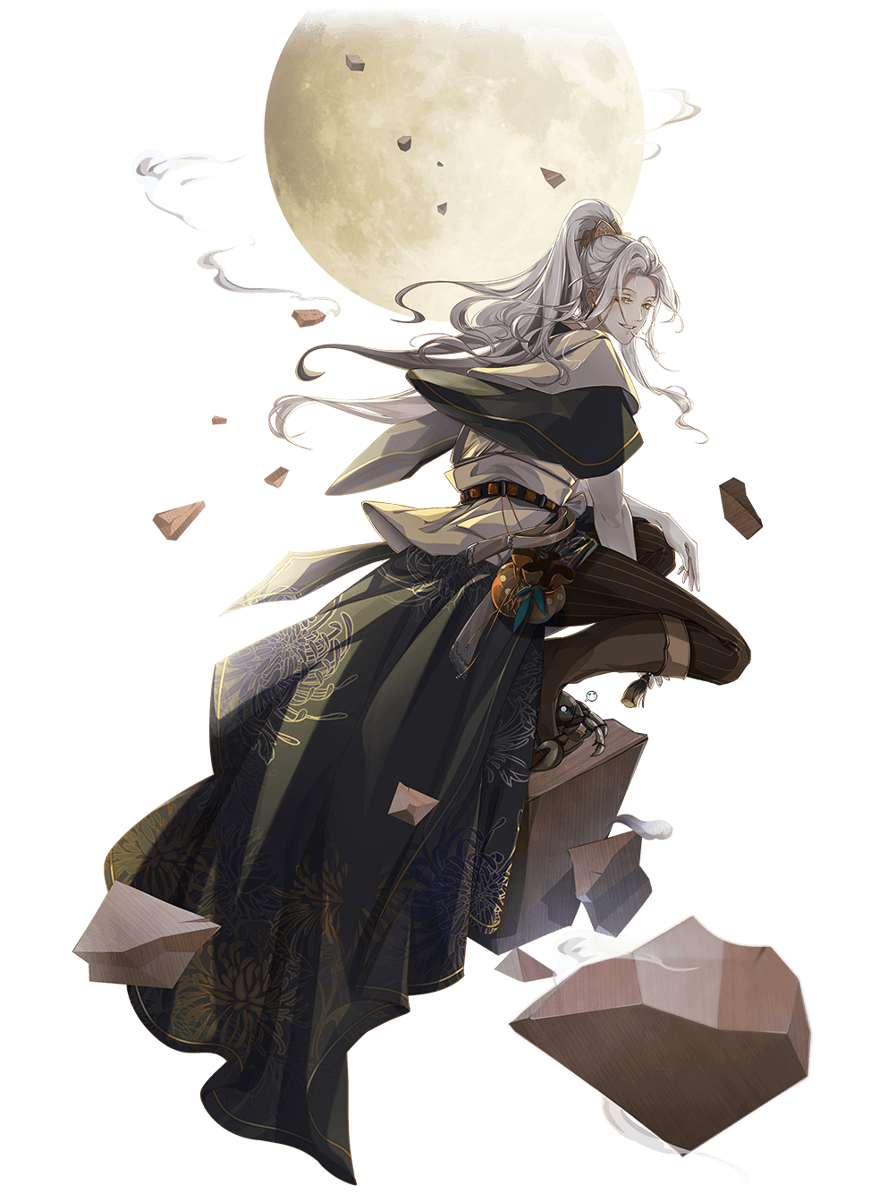food fantasy, highres, official art, third-party source, 1boy, boots, brown boots, brown pants, crab-stuffed orange (food fantasy), full moon, grey hair, looking at viewer, looking back, male focus, moon, pants, ponytail, simple background, solo, tassel, transparent background, yellow eyes