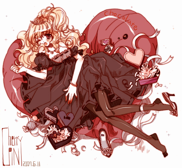 cherrypin, original, blonde hair, chocolate, dress, feet, lace, legs, long hair, pantyhose, ribbon, shoe dangle, shoes, single shoe, solo, thighhighs, valentine