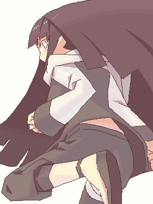 itsumo nokoru, hyuuga hinata, naruto (series), naruto shippuuden, archived source, lowres, 1girl, ankle boots, bandaged leg, bandages, black hoodie, black pants, blunt bangs, blunt ends, boots, clenched hands, from behind, hood, hood down, hoodie, jaggy lines, leg up, long hair, long sidelocks, long sleeves, looking at viewer, pants, shoe soles, sidelocks, simple background, solo, very long hair, white background, white boots, white eyes, white hood, white sleeves