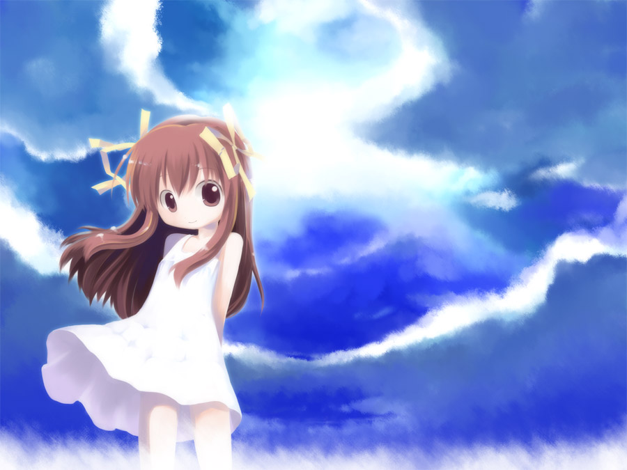 emurin, orihara misao, one – kagayaku kisetsu e, 00s, 1girl, brown eyes, brown hair, cloud, day, dress, emudon, female focus, ribbon, sky, solo
