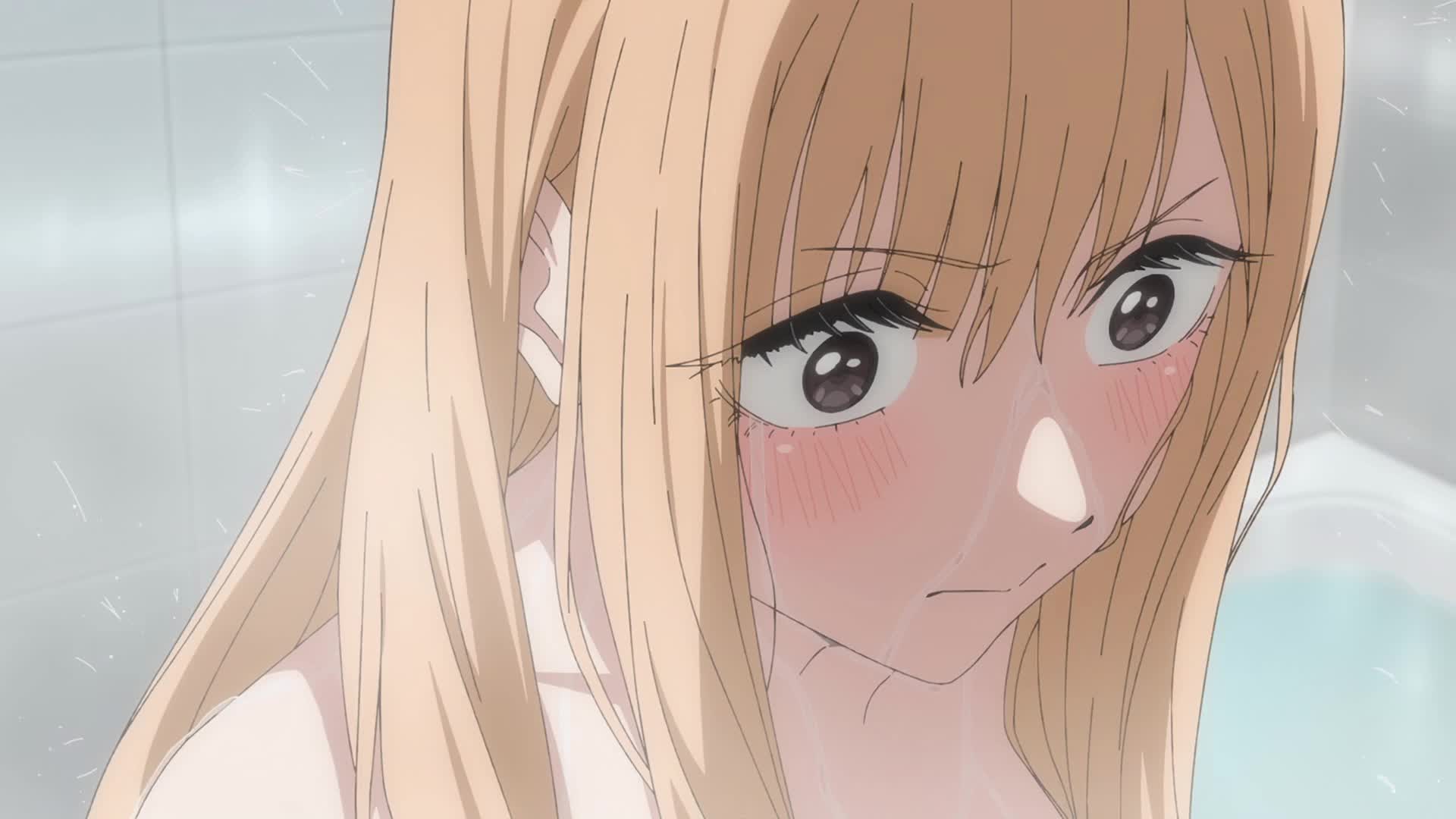 kitagawa marin, animated, anime screenshot, highres, sound, tagme, video, 1girl, @ @, armpits, ass, black eyes, blonde hair, blush, bouncing ass, bra, breasts, brushing teeth, butt crack, cleavage, collarbone, convenient censoring, gyaru, holding, holding panties, holding underwear, large breasts, long hair, nail polish, navel, panties, pink nails, red panties, sidelocks, stomach, strap pull, teeth, thighs, toothbrush, towel, towel on head, underwear, white bra, white panties