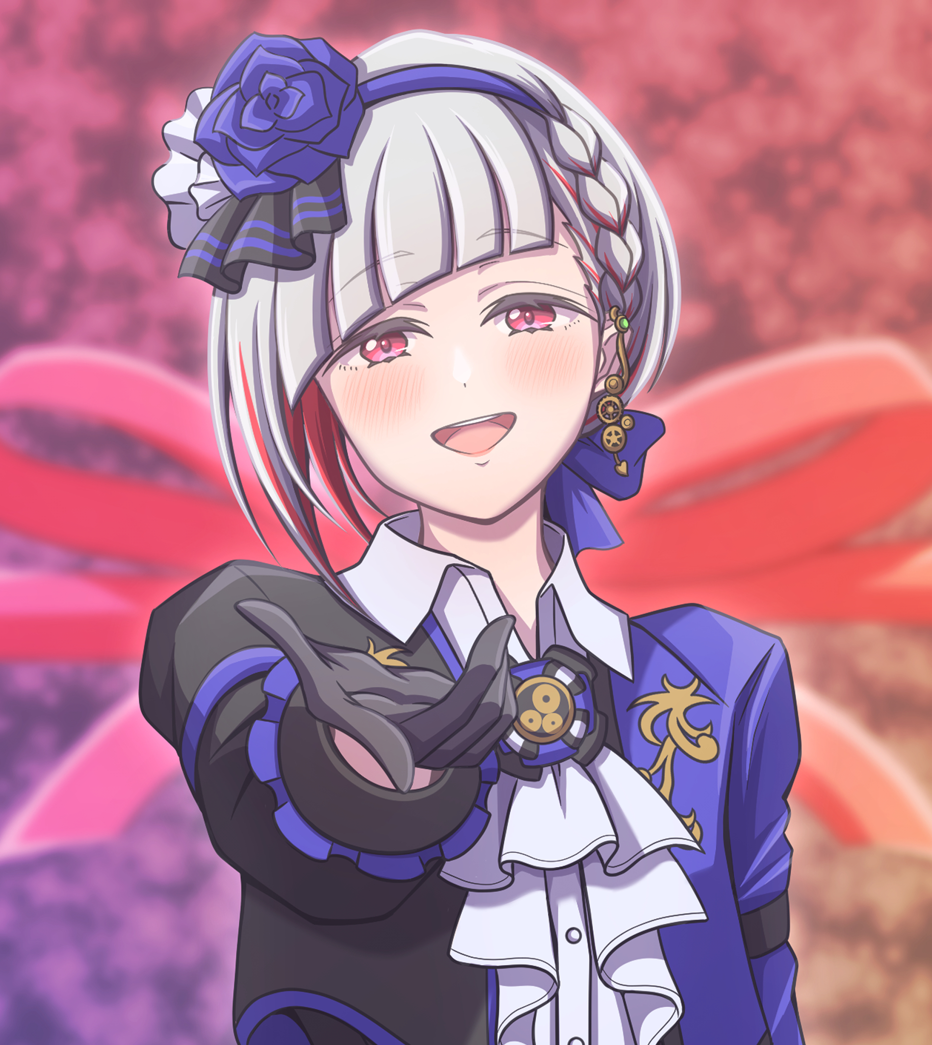 ganbarai, yugiri tsuzuri, link! like! love live!, love live!, commentary request, highres, 1girl, :d, ascot, asymmetrical hair, black gloves, blue flower, blue hairband, blue jacket, blue rose, blurry, blurry background, braid, collared shirt, compass (love live!), diagonal bangs, earrings, flower, flower hairband, frilled ascot, frills, gear earrings, gloves, hairband, jacket, jewelry, long sleeves, looking at viewer, official alternate costume, open clothes, open jacket, open mouth, red eyes, rose, shirt, side braid, single earring, smile, solo, teeth, upper body, upper teeth only, virtual youtuber, white ascot, white shirt