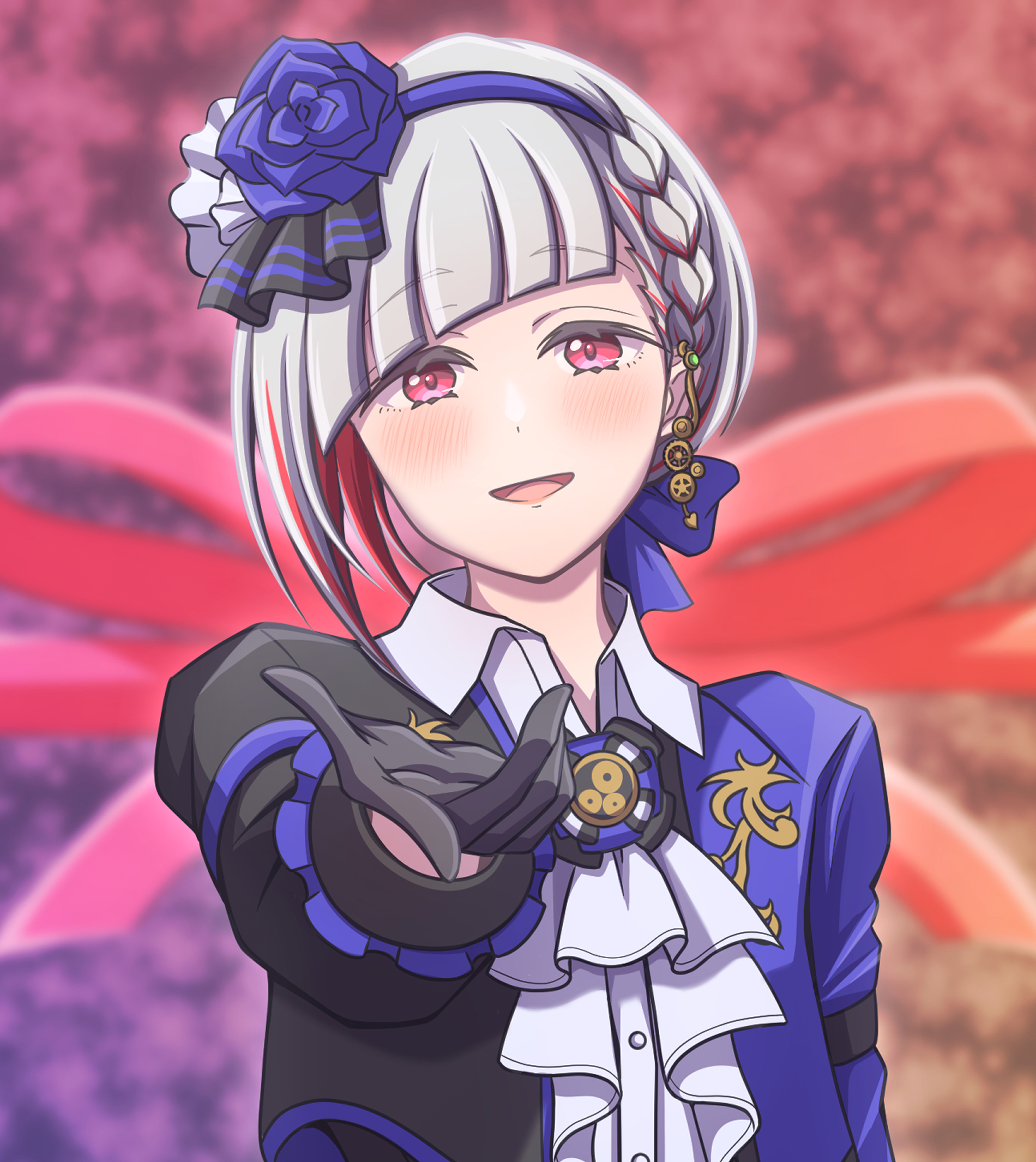 ganbarai, yugiri tsuzuri, link! like! love live!, love live!, commentary request, highres, 1girl, :d, ascot, asymmetrical hair, black gloves, blue flower, blue hairband, blue jacket, blue rose, blurry, blurry background, braid, collared shirt, compass (love live!), diagonal bangs, earrings, flower, flower hairband, frilled ascot, frills, gear earrings, gloves, hairband, jacket, jewelry, long sleeves, official alternate costume, open clothes, open jacket, open mouth, red eyes, rose, shirt, side braid, single earring, smile, solo, upper body, virtual youtuber, white ascot, white shirt