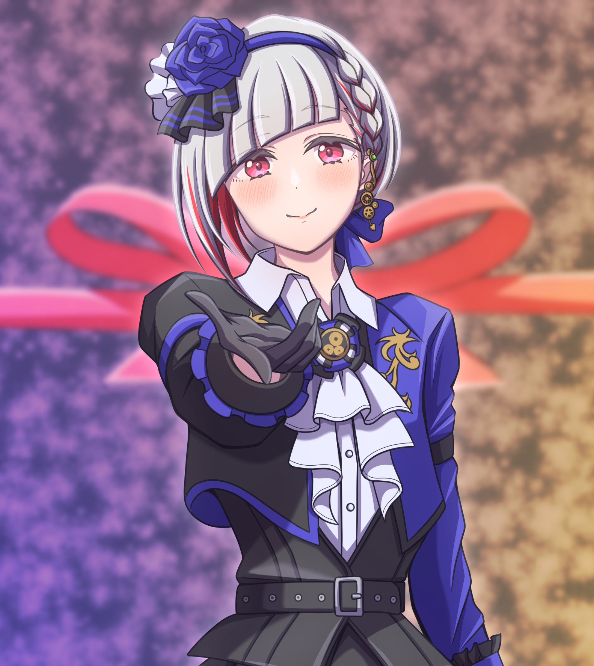 ganbarai, yugiri tsuzuri, link! like! love live!, love live!, commentary request, highres, 1girl, ascot, asymmetrical hair, black gloves, blue flower, blue hairband, blue jacket, blue rose, blurry, blurry background, braid, closed mouth, collared shirt, compass (love live!), diagonal bangs, earrings, flower, flower hairband, frilled ascot, frills, gear earrings, gloves, hairband, jacket, jewelry, long sleeves, official alternate costume, open clothes, open jacket, red eyes, rose, shirt, side braid, single earring, smile, solo, split mouth, upper body, virtual youtuber, white ascot, white shirt