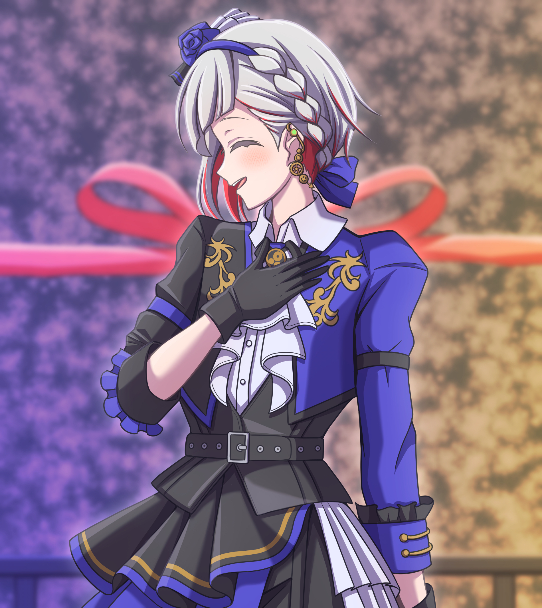 ganbarai, yugiri tsuzuri, link! like! love live!, love live!, commentary request, highres, 1girl, :d, ascot, asymmetrical hair, black gloves, blue flower, blue hairband, blue jacket, blue rose, blurry, blurry background, braid, closed eyes, collared shirt, compass (love live!), diagonal bangs, earrings, flower, flower hairband, frilled ascot, frills, gear earrings, gloves, hairband, jacket, jewelry, long sleeves, official alternate costume, open clothes, open jacket, open mouth, profile, rose, shirt, side braid, smile, solo, teeth, upper body, upper teeth only, virtual youtuber, white ascot, white shirt