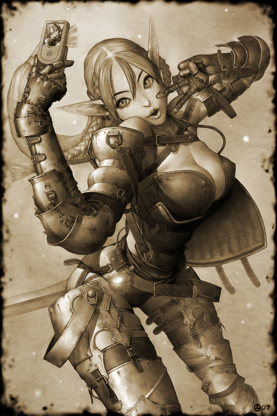 alien1452, highres, 1girl, armor, breasts, camera, cellphone, cleavage, covered erect nipples, elf, female focus, gloves, large breasts, long hair, monochrome, phone, pointy ears, sepia, solo, strap, thigh strap, thighhighs, v