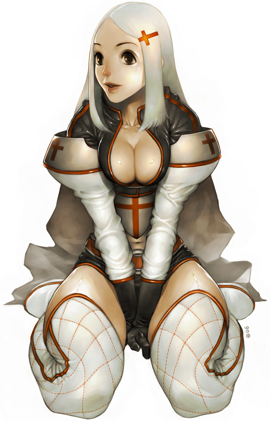 alien1452, 1girl, boots, breasts, cleavage, cross, elbow gloves, female focus, foreshortening, gloves, hair ornament, hairclip, latin cross, long hair, midriff, sitting, solo, thigh boots, thighhighs, white hair