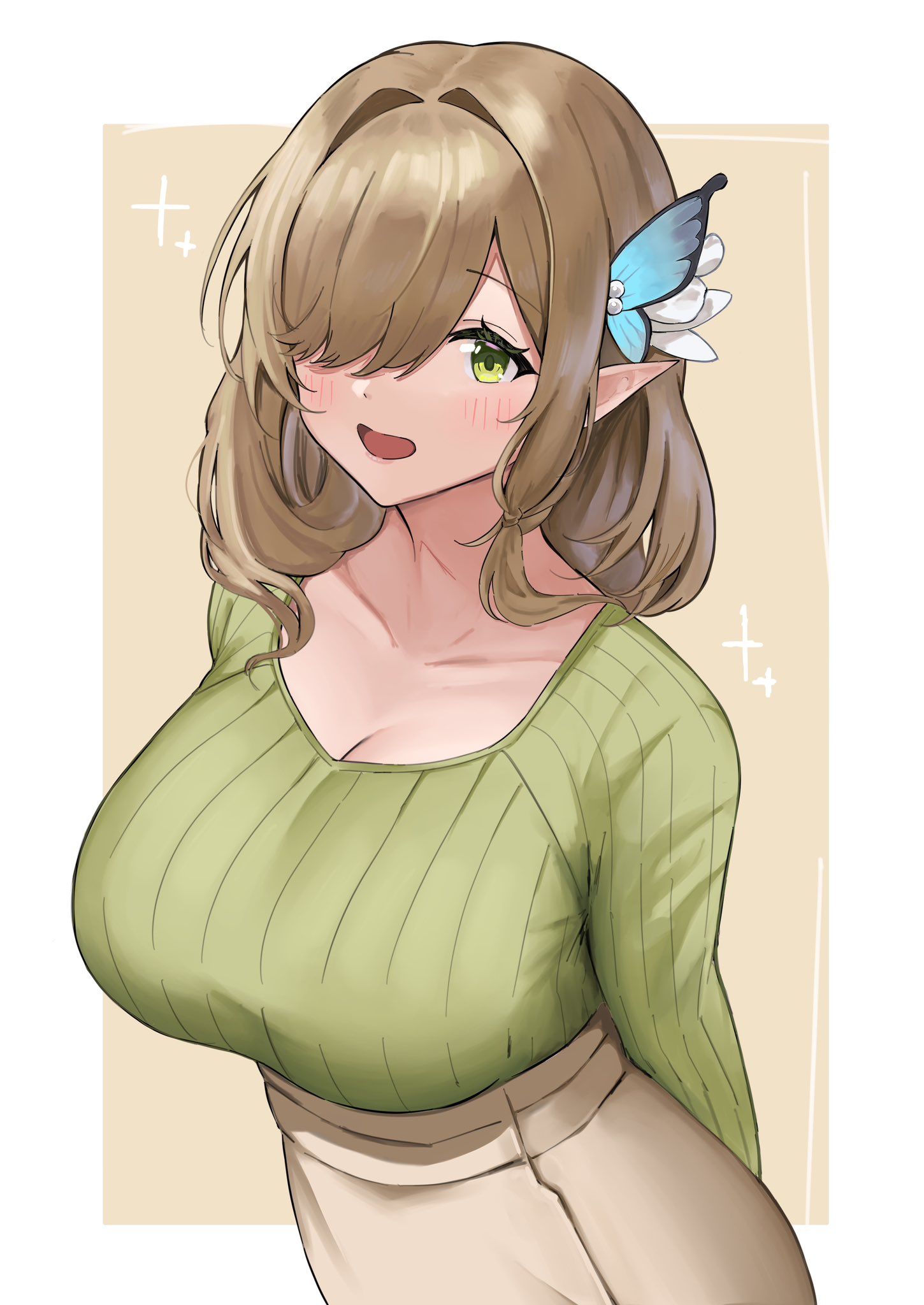 soul (dp11), de zeven provincien (azur lane), azur lane, commentary request, highres, 1girl, alternate costume, arm behind back, blush, border, breasts, brown hair, brown skirt, butterfly hair ornament, cleavage, collarbone, green eyes, hair ornament, hair over one eye, large breasts, long sleeves, looking at viewer, open mouth, outside border, pointy ears, simple background, skirt, smile, solo, white background, white border