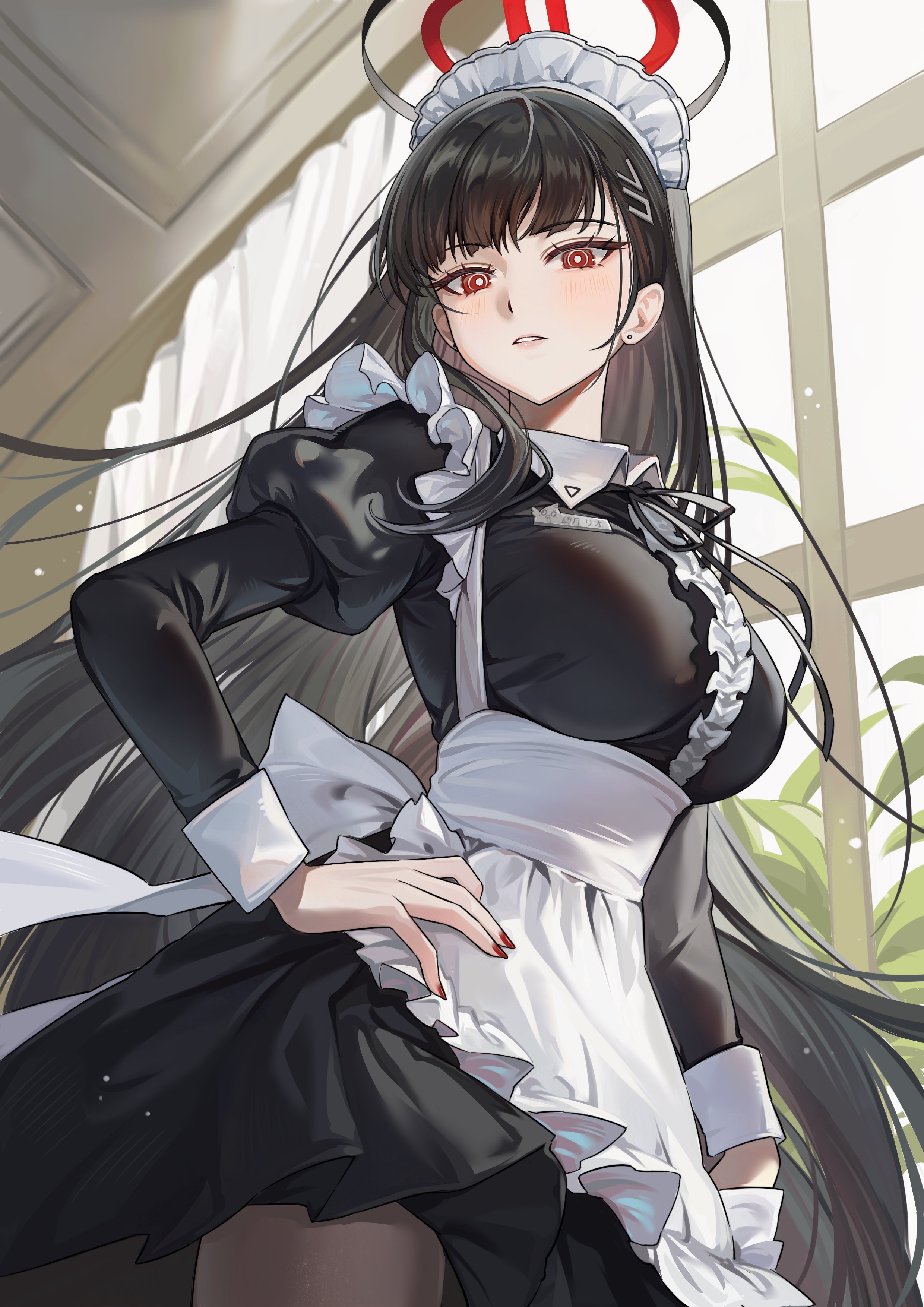 ariko (aaaaarik), rio (blue archive), blue archive, absurdres, commentary, english commentary, highres, 1girl, alternate costume, apron, black dress, black hair, black pantyhose, black ribbon, breasts, dress, enmaided, eyelashes, hair ornament, halo, juliet sleeves, large breasts, long hair, long sleeves, maid, maid headdress, nail polish, pantyhose, parted lips, plant, puffy sleeves, red eyes, red nails, ribbon, solo, very long hair, waist apron, white apron, window
