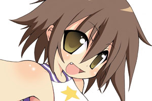 tenka taihei, kusakabe misao, lucky star, lowres, 00s, bare shoulders, brown hair, cheerleader, fang, short hair, solo, yellow eyes