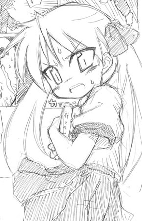 tenka taihei, hiiragi kagami, lucky star, lowres, 00s, angry, book, greyscale, long hair, monochrome, school uniform, serafuku, sketch, tsurime, twintails