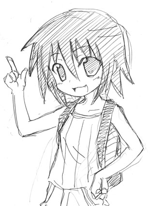 tenka taihei, kusakabe misao, lucky star, lowres, 00s, :3, backpack, bag, fang, greyscale, monochrome, randoseru, short hair, sketch, solo