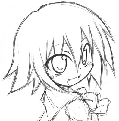 tenka taihei, kusakabe misao, lucky star, lowres, 00s, fang, greyscale, monochrome, school uniform, serafuku, short hair, sketch, solo