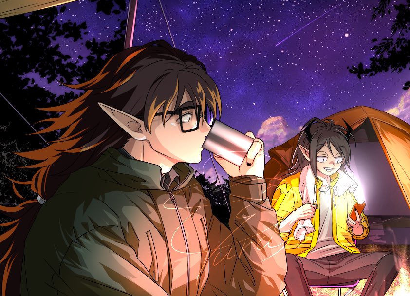 mairimashita! iruma-kun, 2boys, black hair, black nails, brown hair, cellphone, drinking, horns, long hair, male focus, multiple boys, night, night sky, orobas coco, outdoors, phone, pointy ears, shooting star, sitting, sky, tent, usurai1217