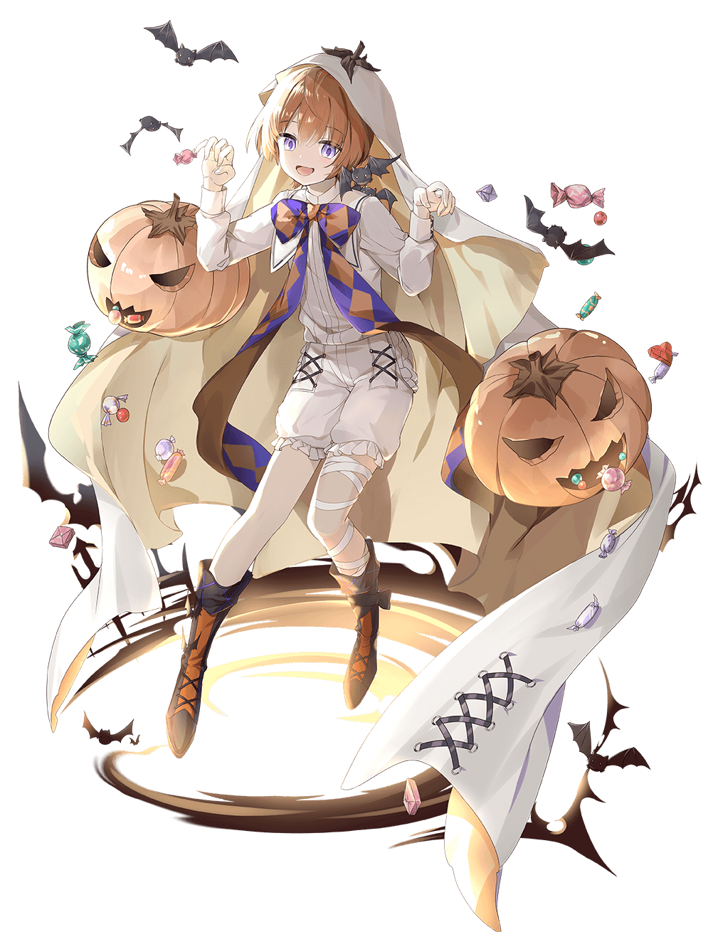 food fantasy, highres, official art, third-party source, 1boy, :d, bandaged leg, bandages, bat (animal), black boots, boots, bow, bowtie, brown hair, candy, deviled egg (food fantasy), food, full body, jack-o'-lantern, looking at viewer, male focus, open mouth, puffy shorts, purple bow, purple bowtie, purple eyes, shirt, shorts, simple background, smile, solo, tongue, transparent background, white shirt, wrapped candy
