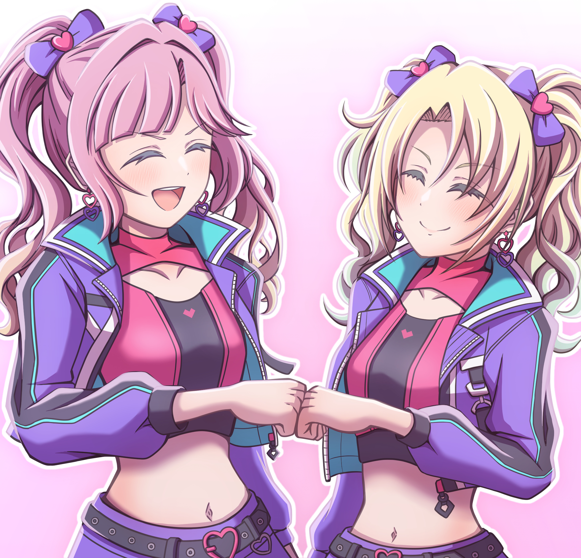 ganbarai, anyoji hime, osawa rurino, link! like! love live!, love live!, commentary request, highres, 2girls, :d, ^ ^, above-cleavage cutout, belt, black belt, blonde hair, bow, closed eyes, closed mouth, clothing cutout, collarbone, collared jacket, crop top, cropped jacket, cropped shirt, curtained hair, fist bump, gradient background, hair bow, hair ornament, heart, heart belt buckle, heart hair ornament, jacket, long sleeves, midriff, mira-cra park!, multiple girls, navel, official alternate costume, official alternate hairstyle, open clothes, open jacket, open mouth, outline, parted bangs, pink background, pink hair, pink shirt, purple bow, purple jacket, purple skirt, shirt, simple background, skirt, smile, split mouth, teeth, twintails, upper teeth only, v-shaped eyebrows, virtual youtuber, white outline