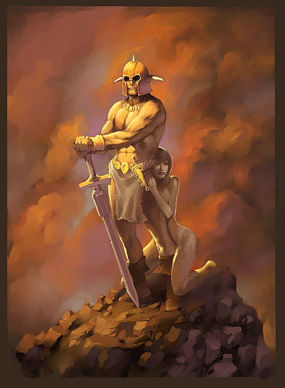 junkboy, original, faux traditional media, helmet, hill, loincloth, manly, muscular, red hair, sunset, sword, warrior, weapon