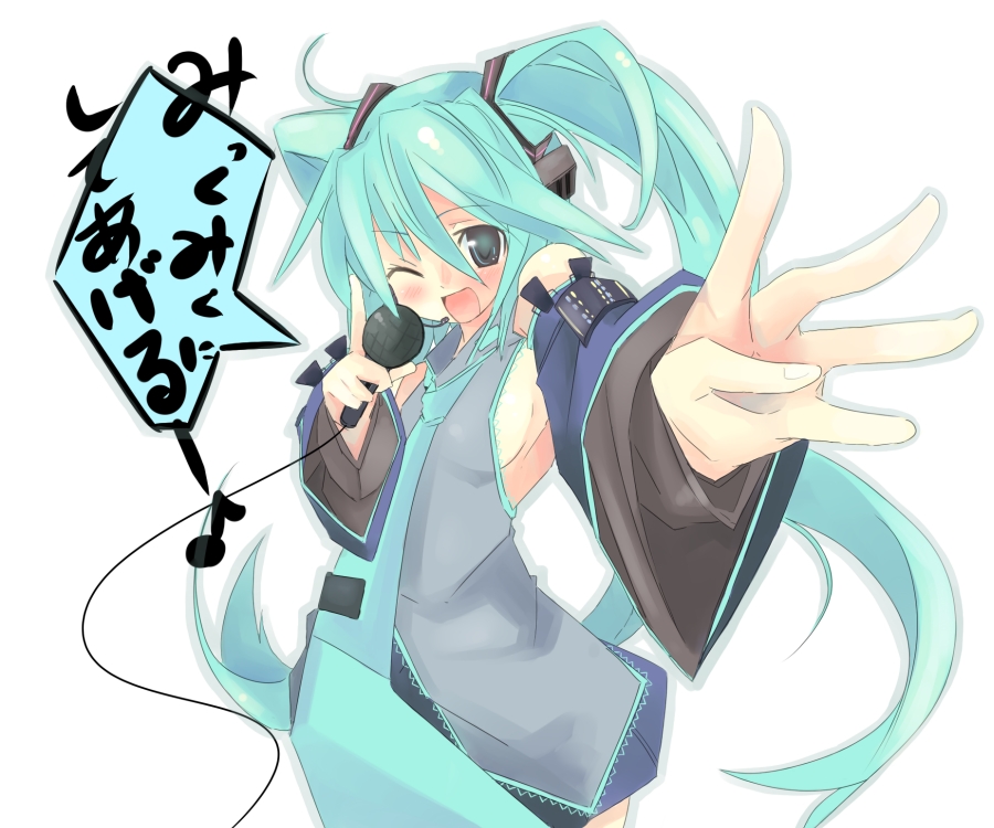 kanikama, hatsune miku, vocaloid, translated, 1girl, blue eyes, blue hair, female focus, foreshortening, long hair, matching hair/eyes, microphone, music, musical note, quaver, singing, solo, twintails, very long hair, white background