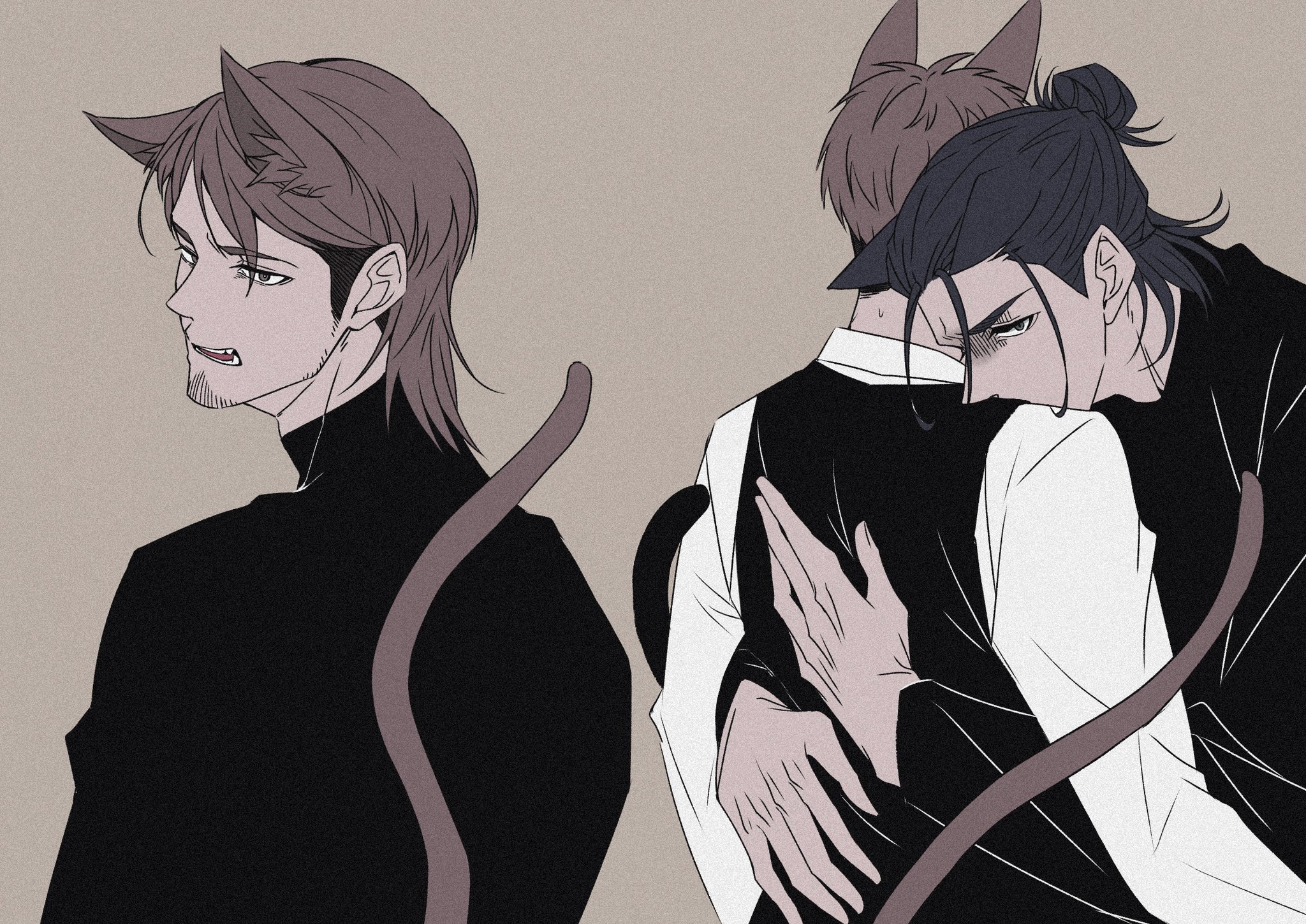 eren yeager, jean kirstein, shingeki no kyojin, commentary request, highres, 2boys, animal ears, black hair, black shirt, black vest, brown hair, cat ears, cat tail, facial hair, goatee, grey background, hair behind ear, hair bun, hug, kemonomimi mode, long sleeves, looking to the side, male focus, multicolored hair, multiple boys, namatya564, shirt, sideways glance, simple background, tail, tank top, two-tone hair, vest, white shirt, yaoi