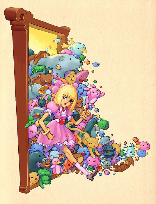 junkboy, original, blonde hair, blue eyes, bracelet, door, dress, jewelry, mirror, open mouth, stuffed animal, stuffed toy