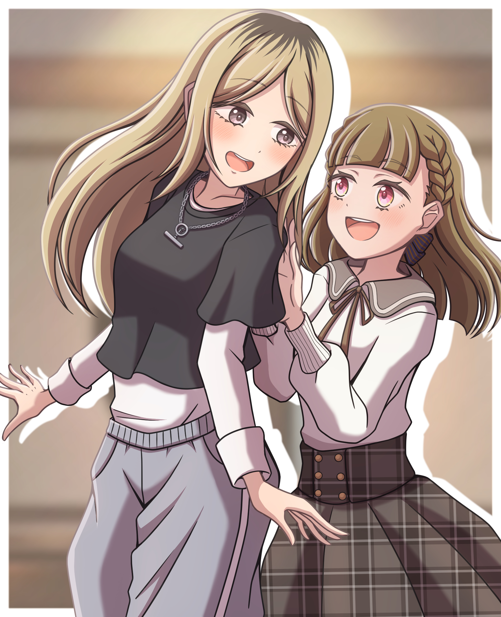 ganbarai, kachimachi kosuzu, kachimachi kosuzu (summer casual), link! like! love live!, love live!, commentary request, highres, 2girls, :d, black bow, black hair, black shirt, blonde hair, blurry, blurry background, bow, braid, brown hair, center-flap bangs, chain, chain necklace, collared shirt, contrast collar, drop shadow, grey eyes, grey pants, grey skirt, hair bow, jewelry, layered shirt, layered sleeves, long hair, long sleeves, multicolored hair, multiple girls, necklace, official alternate costume, oomichi hiromi, open mouth, pants, parted bangs, pink eyes, plaid clothes, plaid skirt, roots (hair), rounded collar, shirt, short over long sleeves, short sleeves, side braids, sidelocks, skirt, smile, teeth, undershirt, upper teeth only, virtual youtuber, white shirt
