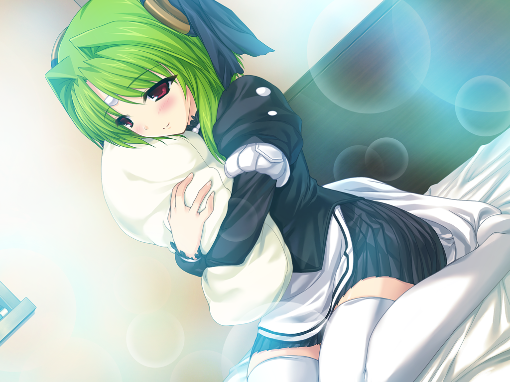 onigirikun, kouenji madoka, choukou (alicesoft), choukou tenshi escalayer, game cg, non-web source, official art, variant set, 1girl, bandaid, bed, blush, dutch angle, facial mark, forehead mark, green hair, hair intakes, hug, hugging object, maid, pillow, pillow hug, red eyes, ribbon, sitting, skirt, smile, solo, thighhighs, wariza, white thighhighs, zettai ryouiki