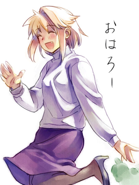 yuuki keisuke, arcueid brunestud, tsukihime, 00s, 1girl, ^ ^, black pantyhose, blonde hair, blush, breasts, closed eyes, fang, female focus, high heels, long skirt, open mouth, pantyhose, purple skirt, red eyes, shoes, short hair, skirt, small breasts, solo, sweater, turtleneck, waving