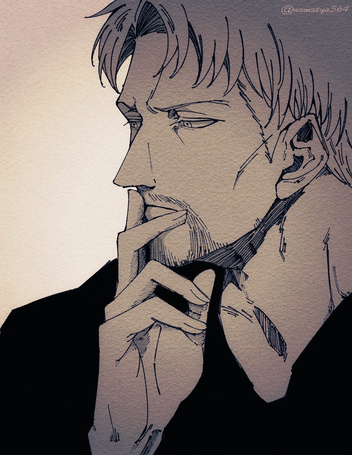 reiner braun, shingeki no kyojin, commentary request, highres, 1boy, adam's apple, arm up, black shirt, closed mouth, facial hair, fingernails, frown, hand to own mouth, male focus, namatya564, portrait, profile, shirt, short hair, solo, twitter username