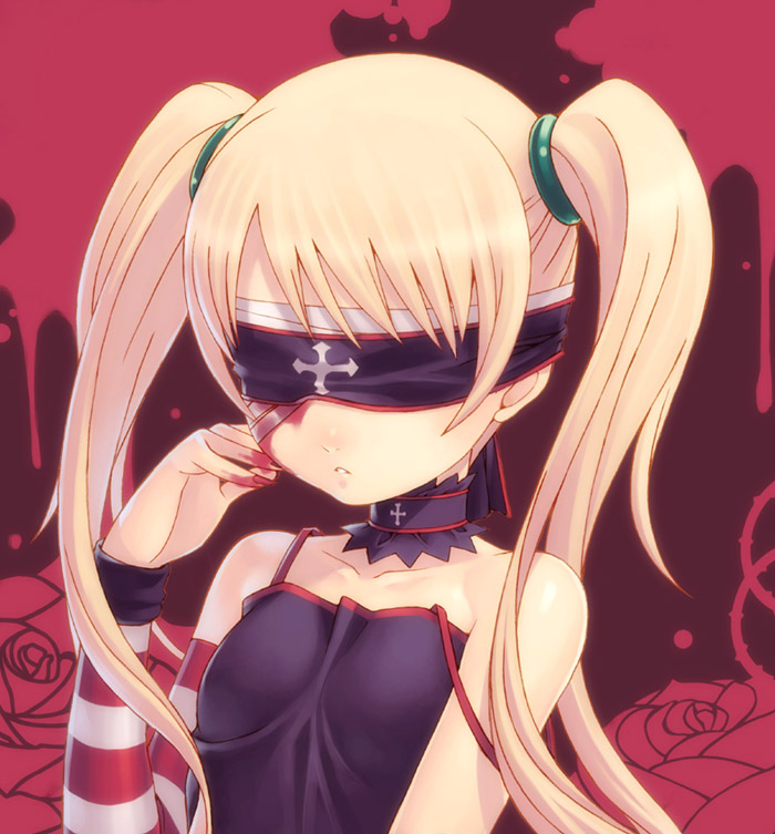 tasaka shinnosuke, original, striped, 1girl, aged down, bare shoulders, blindfold, blonde hair, blood, camisole, choker, collarbone, detached sleeves, female focus, goth fashion, long hair, parted lips, solo, strap slip, twintails, upper body